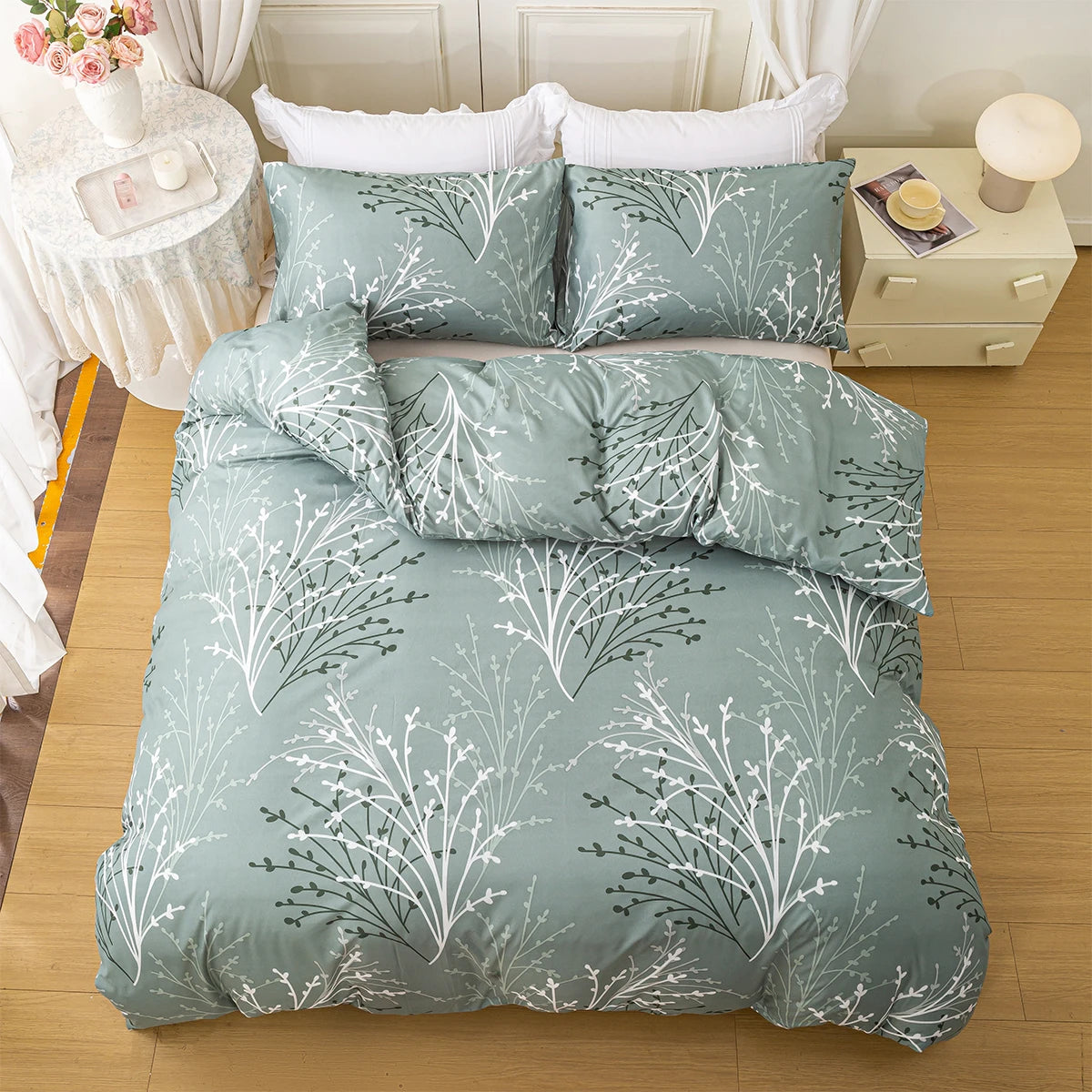 Ensemble housse de couette imprimée motif feuilles – 3 pièces (housse + 2 taies)