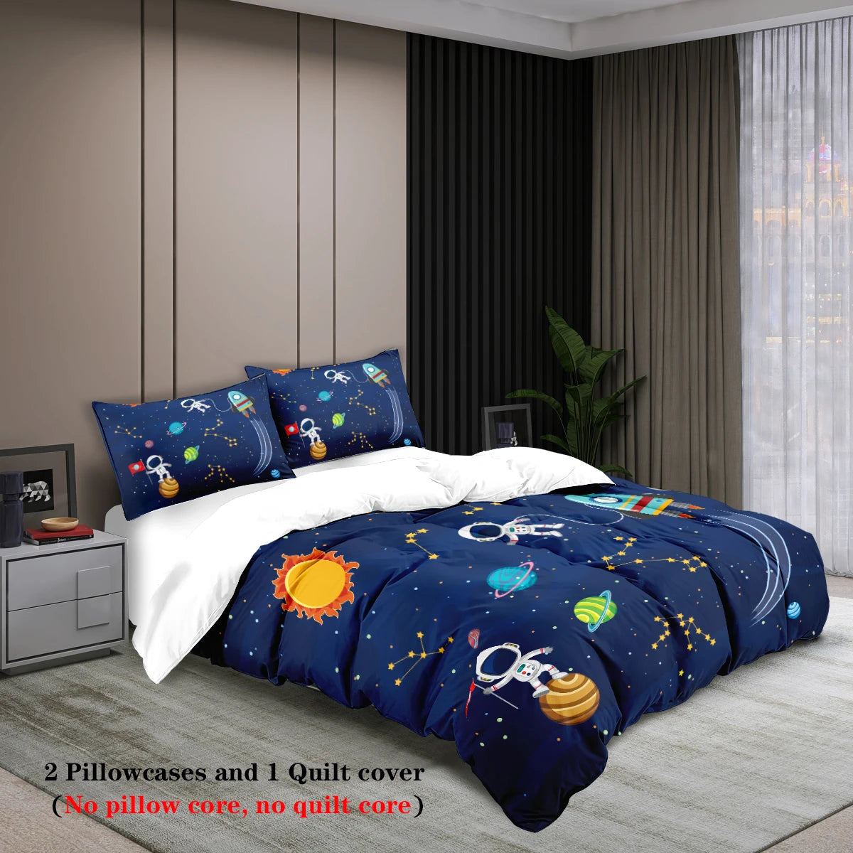 Parure de lit 3 pièces ciel étoilé & astronaute – 1 housse de couette + 2 taies