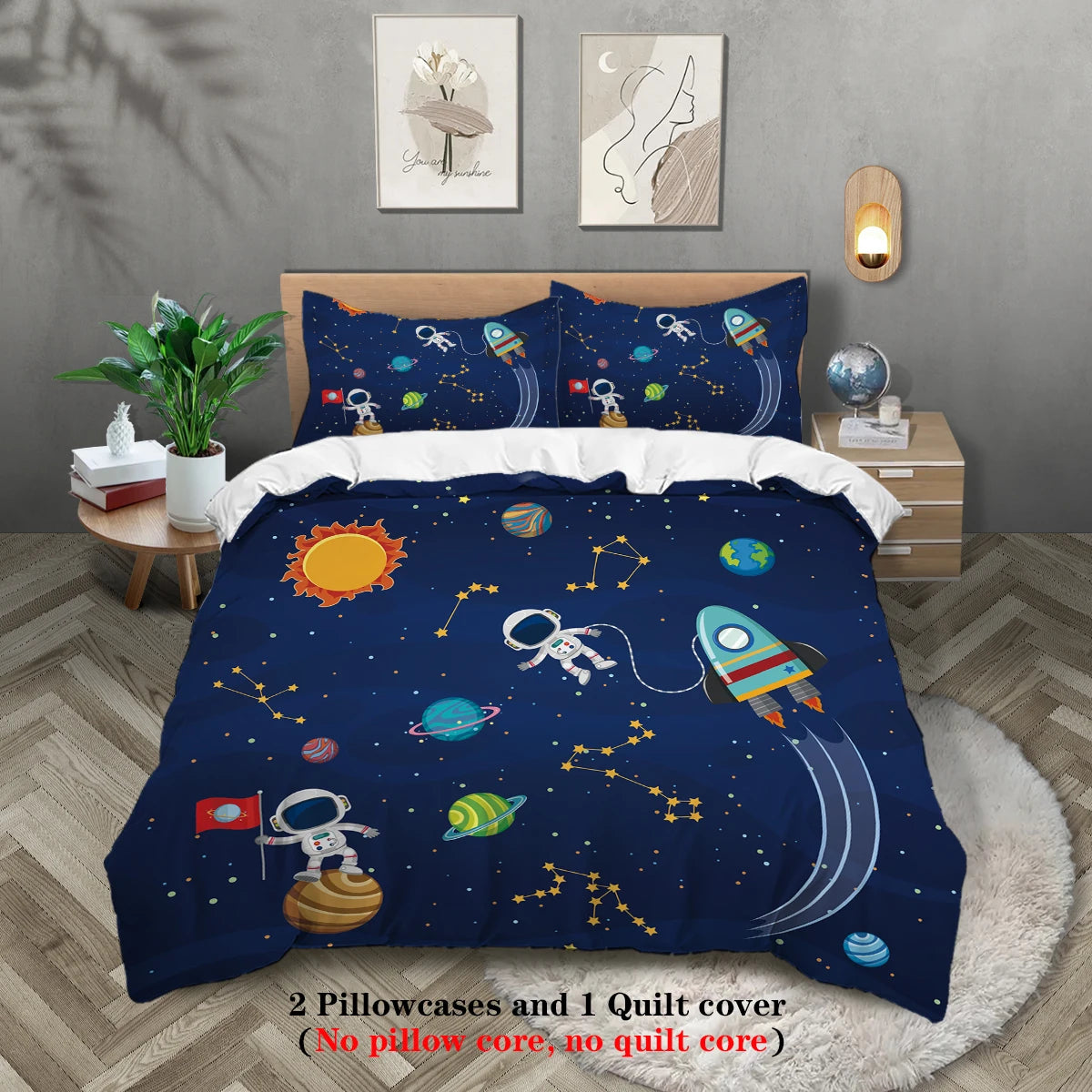 Parure de lit 3 pièces ciel étoilé & astronaute – 1 housse de couette + 2 taies