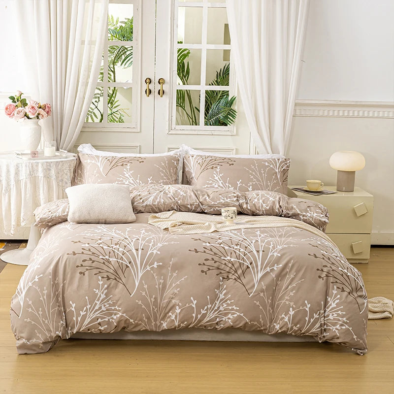 Ensemble housse de couette imprimée motif feuilles – 3 pièces (housse + 2 taies)