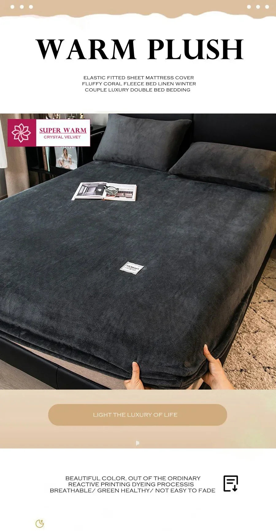 Drap-housse polaire corail doux et chaud – Drap-housse élastique spécial hiver