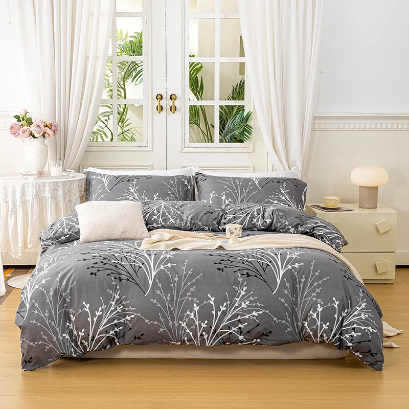 Ensemble housse de couette imprimée motif feuilles – 3 pièces (housse + 2 taies)