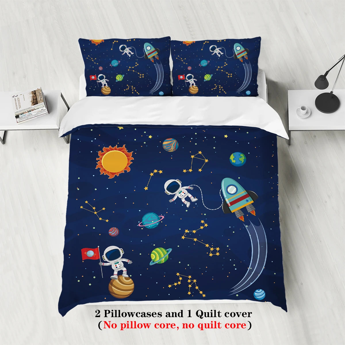 Parure de lit 3 pièces ciel étoilé & astronaute – 1 housse de couette + 2 taies