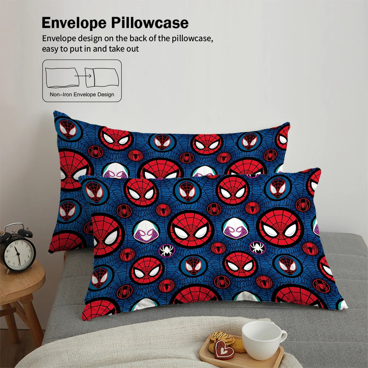 Parure de lit 3 pièces – Visage cartoon & toile d’araignée rouge (1 housse + 2 taies)