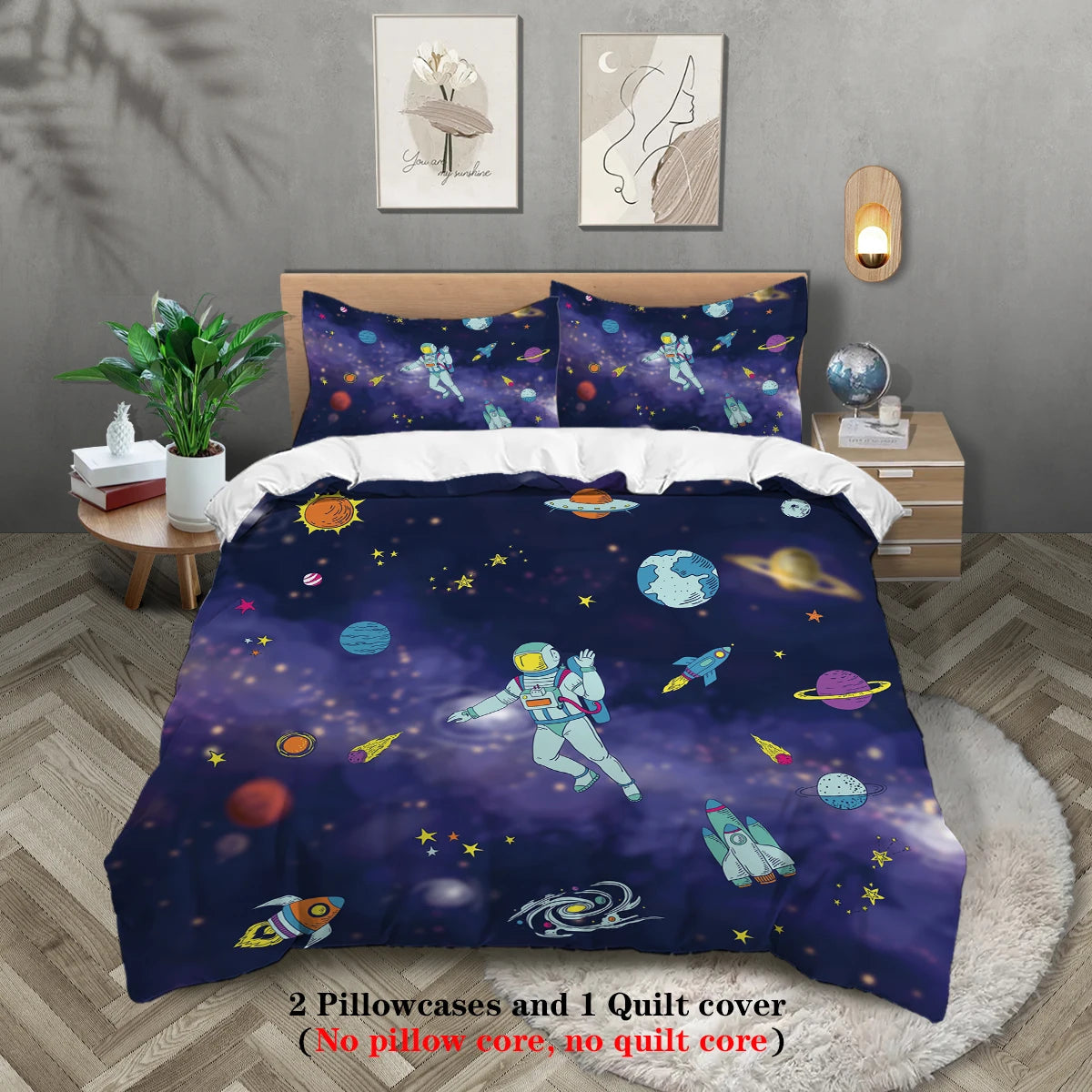 Parure de lit 3 pièces ciel étoilé & astronaute – 1 housse de couette + 2 taies