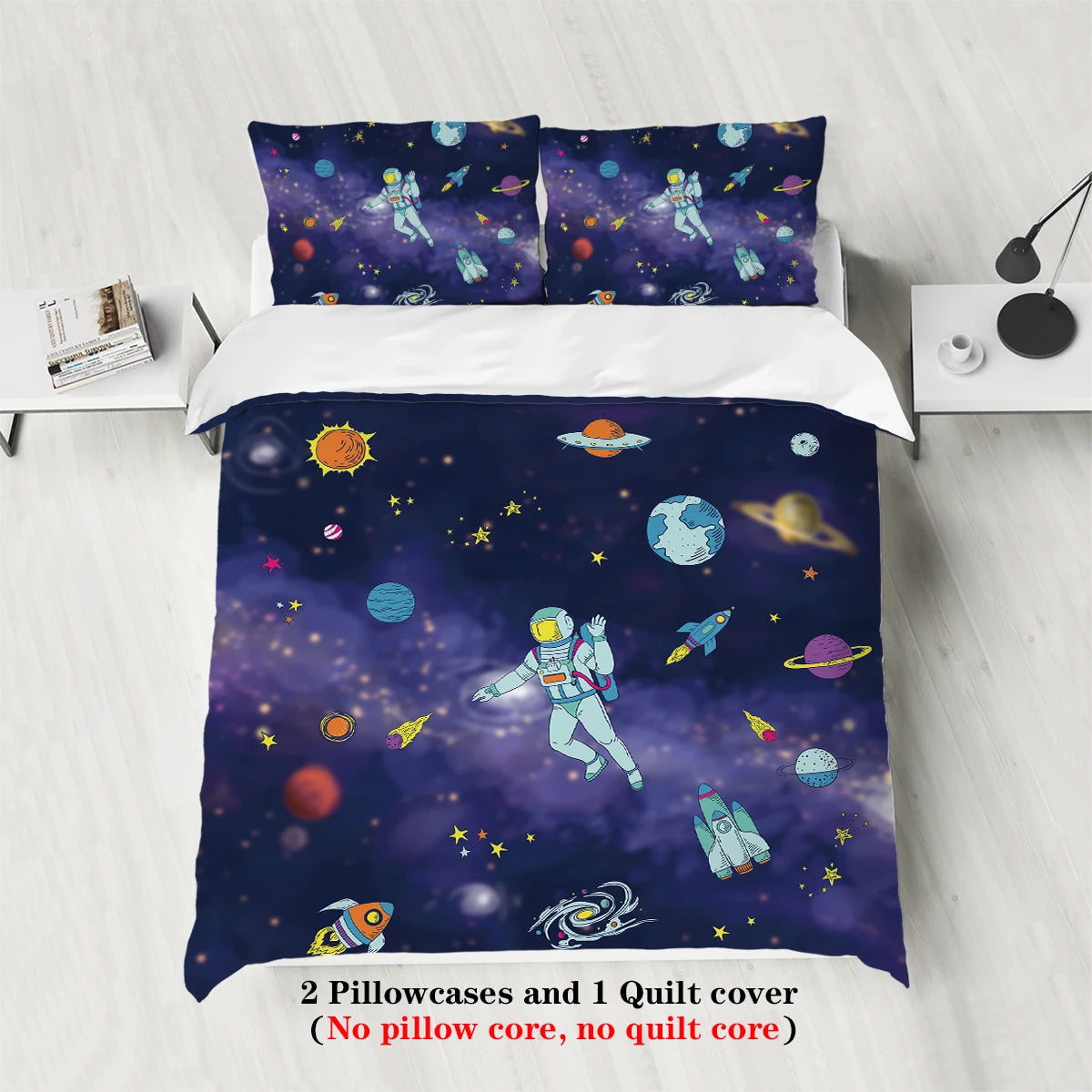 Parure de lit 3 pièces ciel étoilé & astronaute – 1 housse de couette + 2 taies